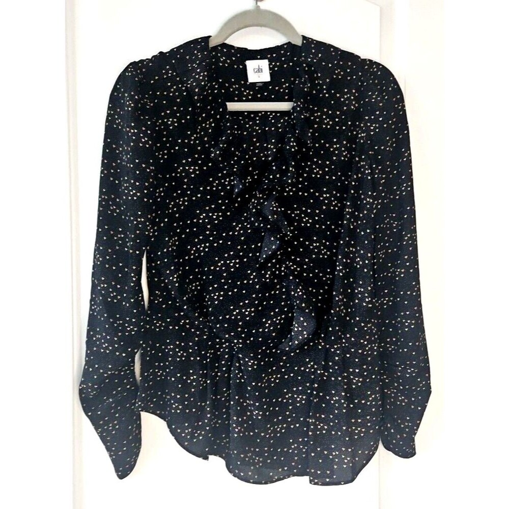 Cabi Blouse Black w/ Colorful Tiny Hearts, Peplum, Ruffles‎ Neckline, Snaps, Sm.